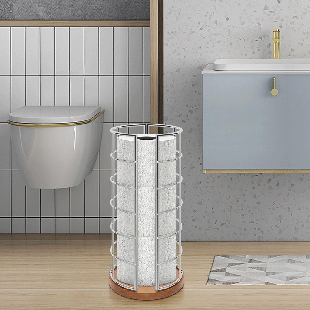 NearMoon Toilet Paper Organizer Stand, Freestanding 3 Rolls Tissue Storage, Metal Bathroom Accessory, Rustproof Toilet Roll Holder for Kitchen Countertop Inside Cabinet Shelf(Wooden Base, Chrome)
