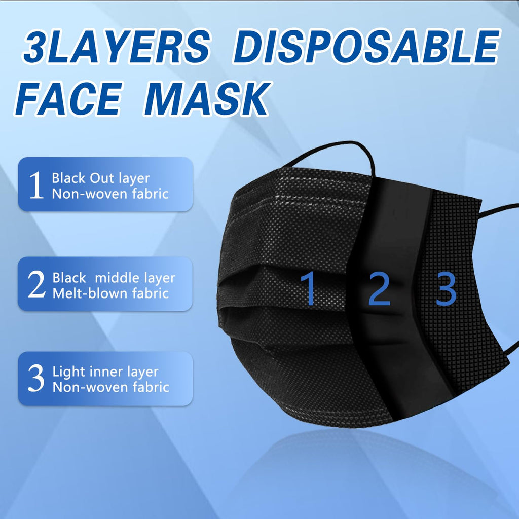 SDIW 100Pcs Black Disposable Face Mask,3 Ply Masks with Soft Ear loops