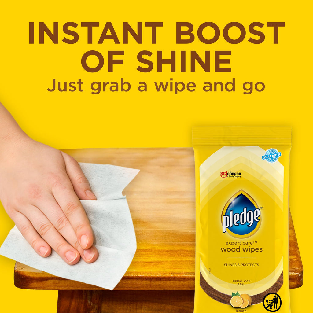 Pledge Expert Care Enhancing Wood Wipes, Lemon Scent (Pack of 6, 144 Total Count), Yellow