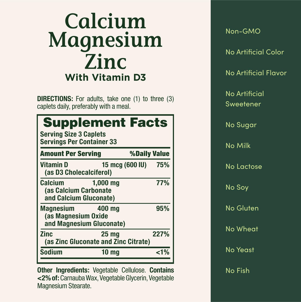 Nature's Bounty Calcium Magnesium & Zinc Caplets, Immune & Bone Health, Daily Supplement, 1000mg Calcium, 400mg Magnesium, 600 IU Vitamin D, Gluten Free, 100 Caplets