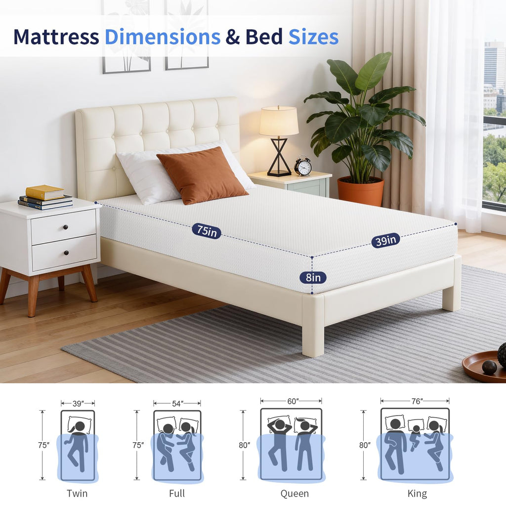 FDW | 8 Inch Twin Mattress | Medium Firm | Gel Memory Foam | White