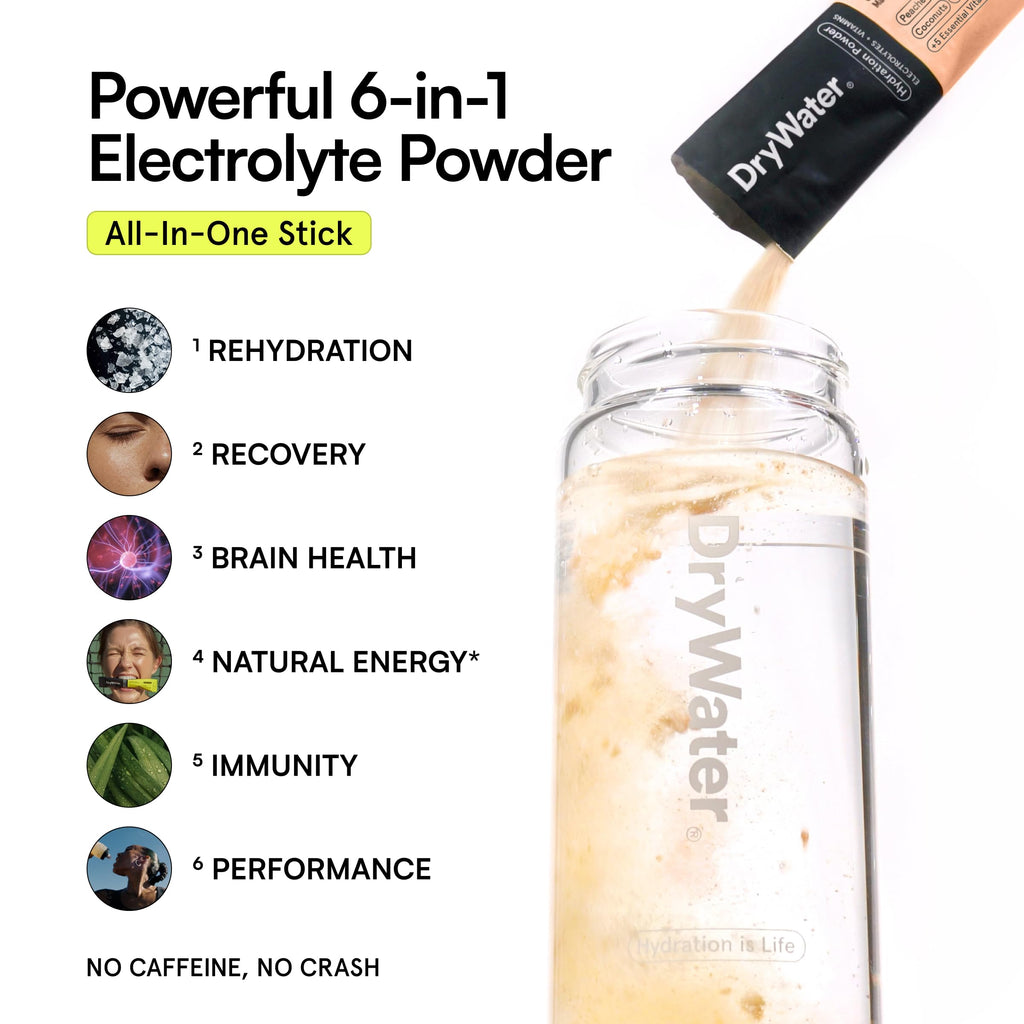 DryWater® Electrolyte + Vitamin Hydration Powder Packets – Peach Mango, 1,000mg Potassium, Real Organic Fruit, NSF Certified for Sport, Nothing Artificial, No Added Sugar (12 Stick Packs)