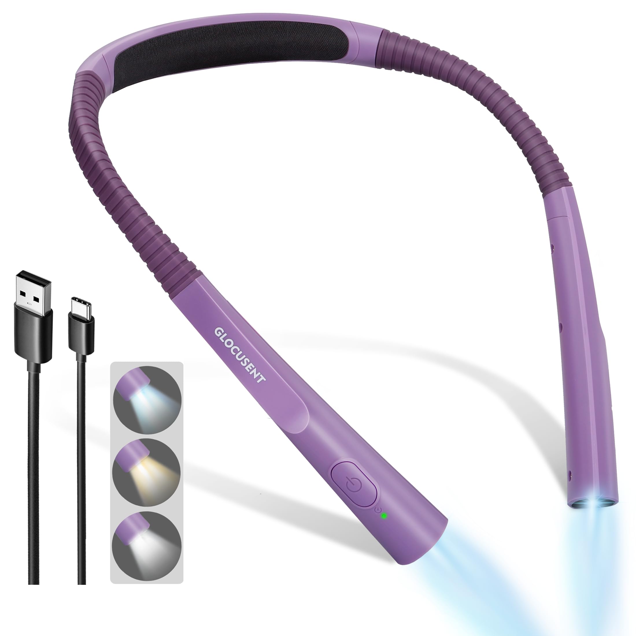 Glocusent Upgraded LED Neck Reading Light, Book Light for Reading in Bed, 30-min Timer, 3 Colors & 3 Brightness Adjustable, Rechargeable & Long Lasting, Perfect for Reading, Knitting