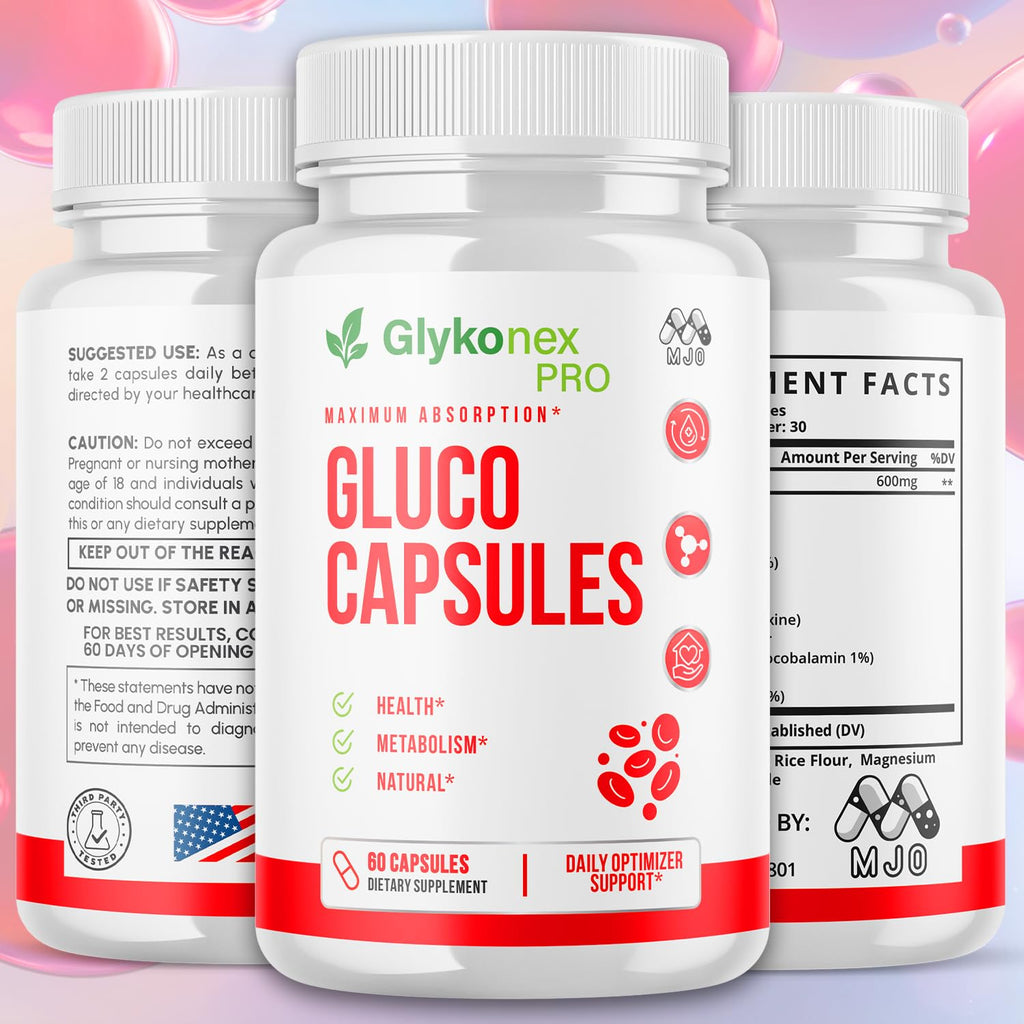 Gluco Capsules, Official Glykonex Pro Gluco Pills with All Natural Ingredients, Maximum Strength Glykonix Supplement Premium Vitamins Supporting Optimal Wellness and Health Naturally (60 Capsules)