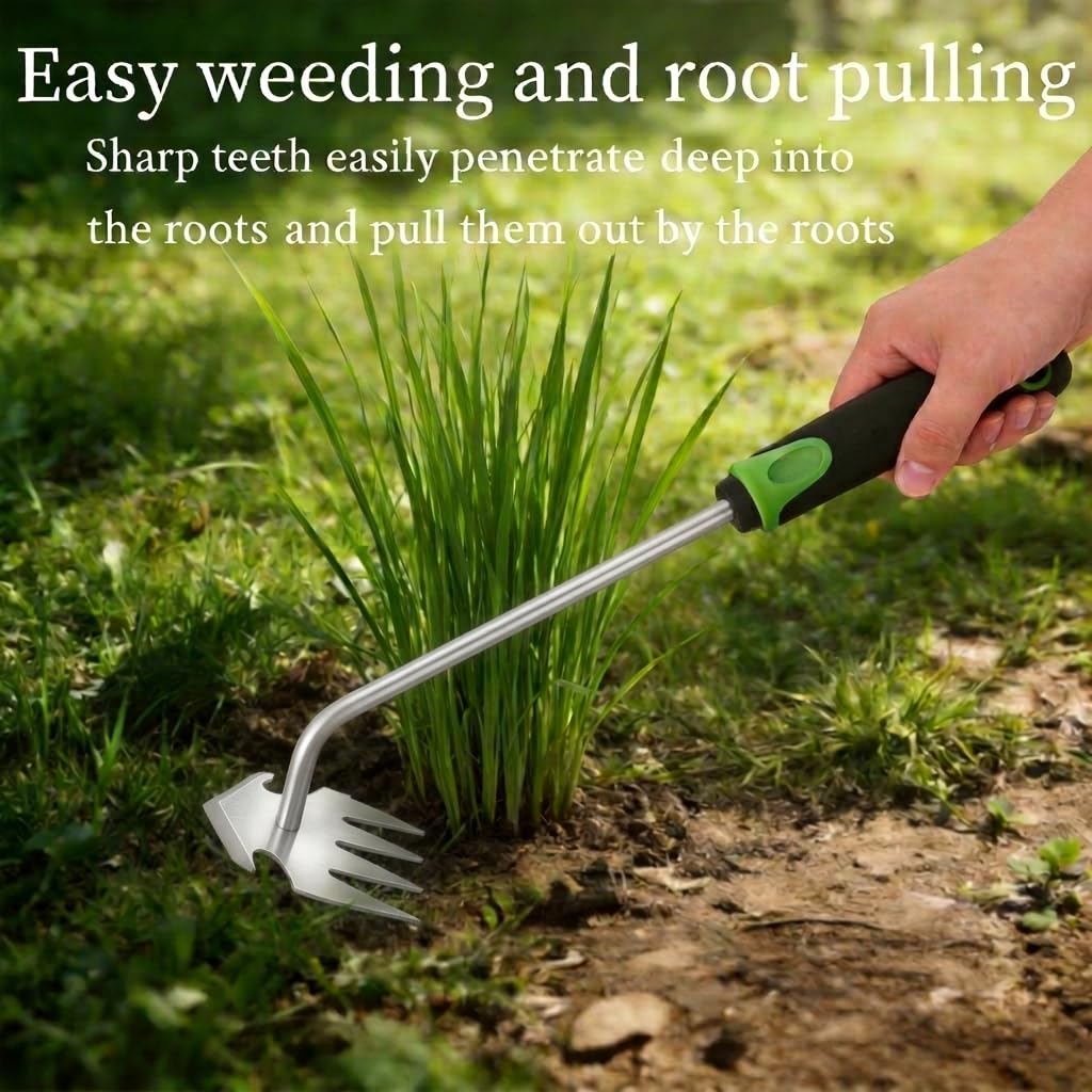 Juxifyron 3 Piece Weeding Tool Set, Stainless Steel Hand Weeder Kit with Rubber Handles, Crack Weeder, Weed Puller and Crevice Tool for Lawn, Flower Beds, Sidewalk Cracks, Patio and Between Pavers
