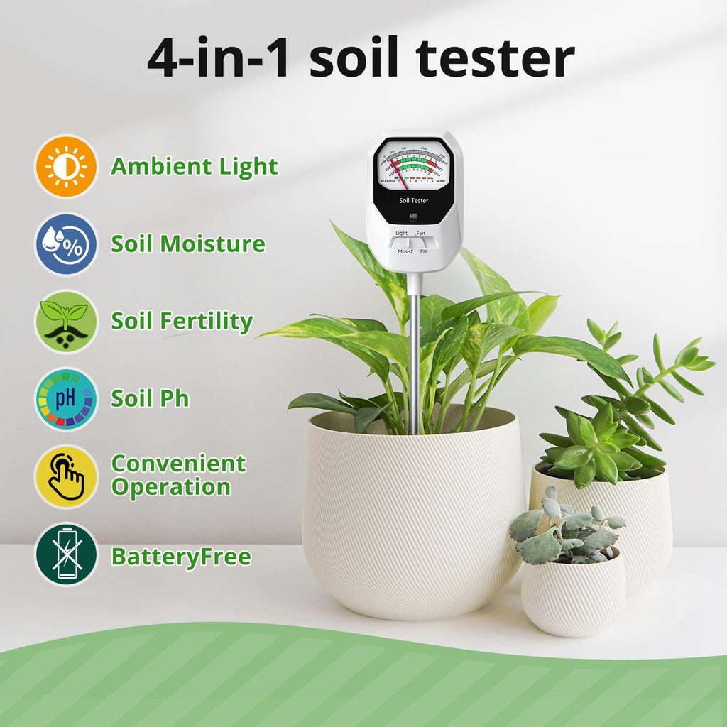 Buladeke 4-in-1 Soil Moisture Meter Soil Moisture/Fertility/PH Meter/Sunlight Intensity Soil Test Meter for Gardening, Farming and Outdoor Plants