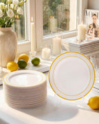 bUCLA 100Pieces Gold Plastic Dinner Plates - 10.25inch White and Gold Plates Disposable for Party - Ideal for Wedding, Party & Daily Use