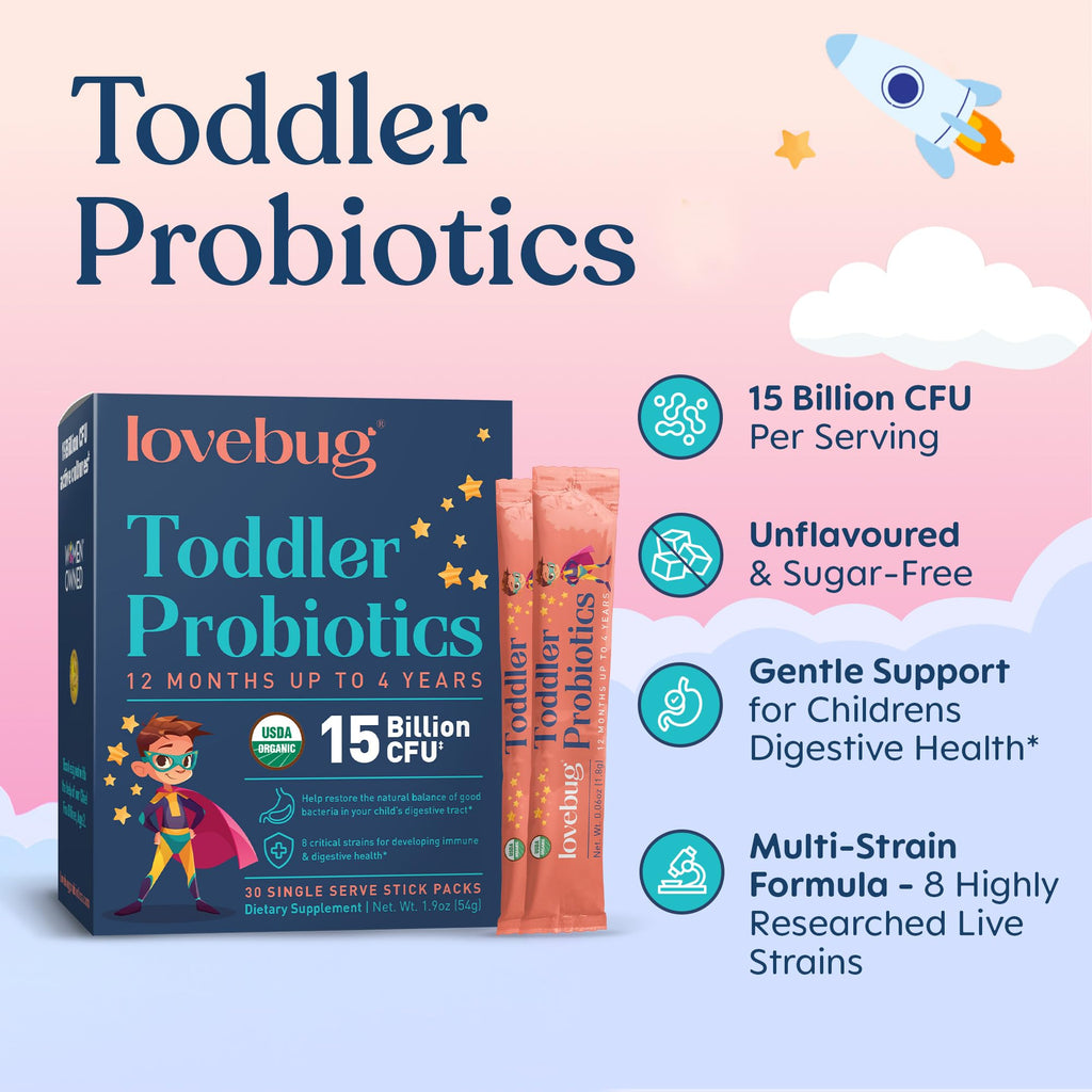 Lovebug Kids Probiotic Powder with Prebiotic Fiber - Toddler Immunity Support & Constipation Relief - USDA Organic Probiotics for Childrens Gut & Digestive Health (Ages 1-4) - 30 Pack (Unflavoured)