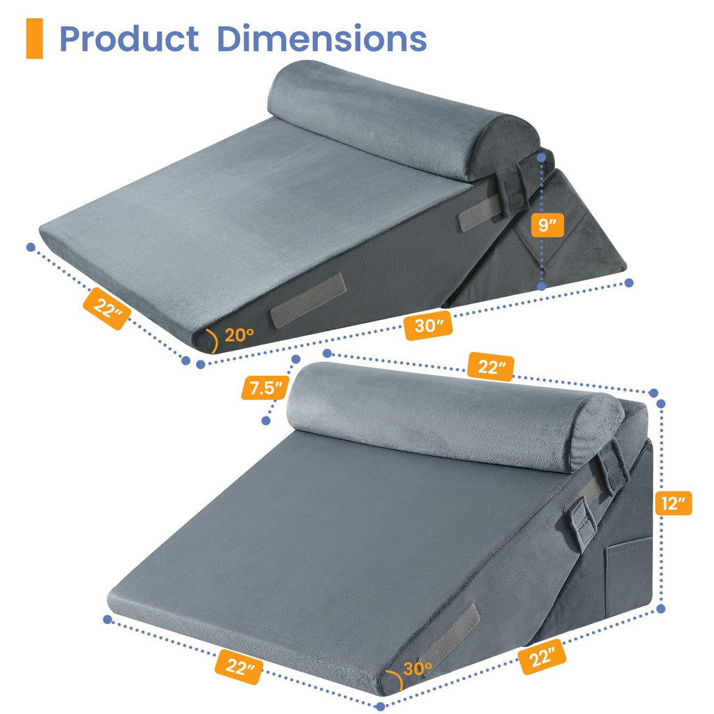 Sasttie Wedge Pillow Set for After Surgery, 2PCS Adjustable Bed Wedge Pillow Headboard with Memory Foam Neck Cushion – for Acid Reflux, Sleeping, Neck & Back Support, Velvet & Dark Grey