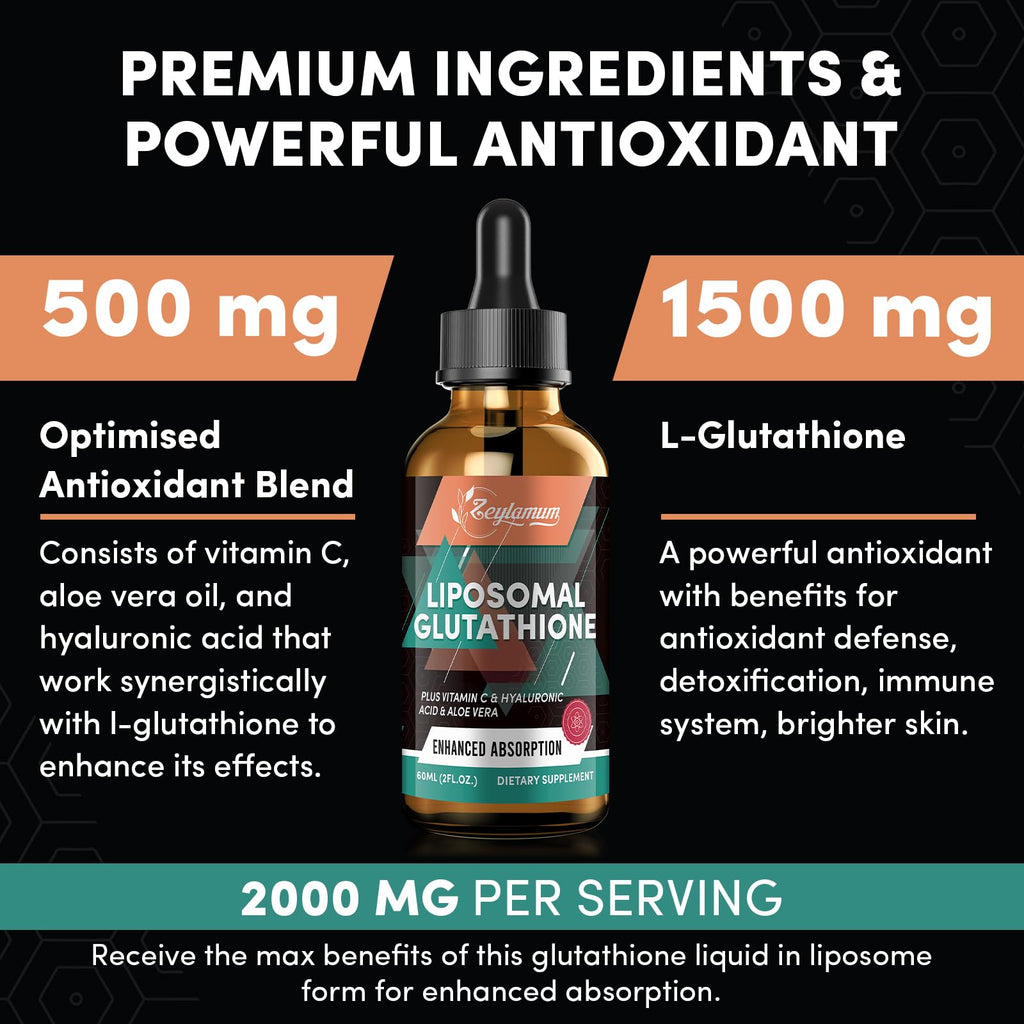 2000MG Liposomal Glutathione Liquid Drops, Ultra High Absorption, Natural Detoxification, Immune System & Skin Support*, L-Glutathione, Vitamin C & Hyaluronic Acid, Capsules Alternative, 4.05 OZ