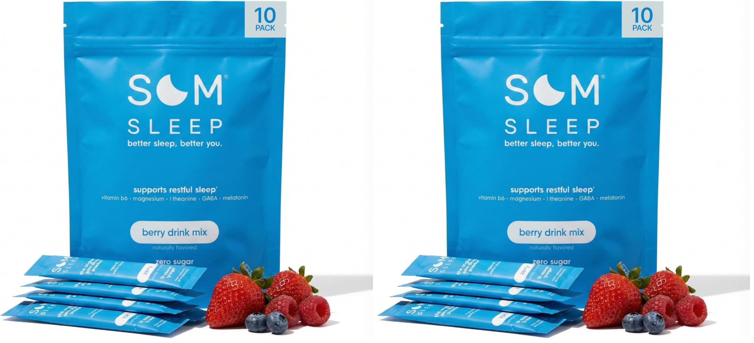 Som Sleep, Calm Sleep Nighttime Powder Drink Mix, Melatonin 3mg, Magnesium, Vitamin B6, L-Theanine & GABA – Vegan, Zero Sugar – Berry, 20-Pack