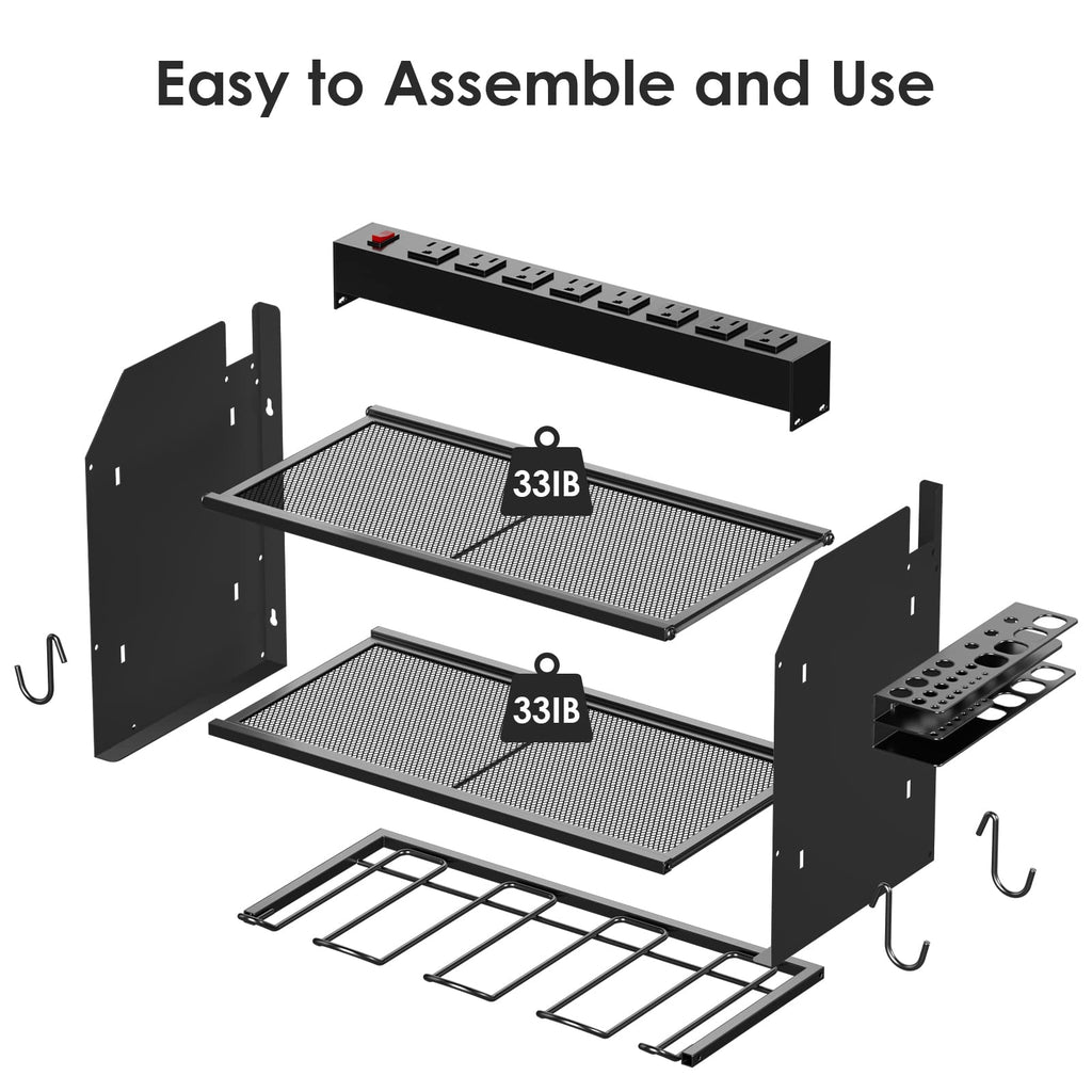 CCCEI Modular Power Tool Organizer Wall Mount with Charging Station. Garage Drill Storage Shelf with Hooks, Heavy Duty Rack, Tool Battery Holder Built in 8 Outlet. Gift for Men. Black, 1 Pack.