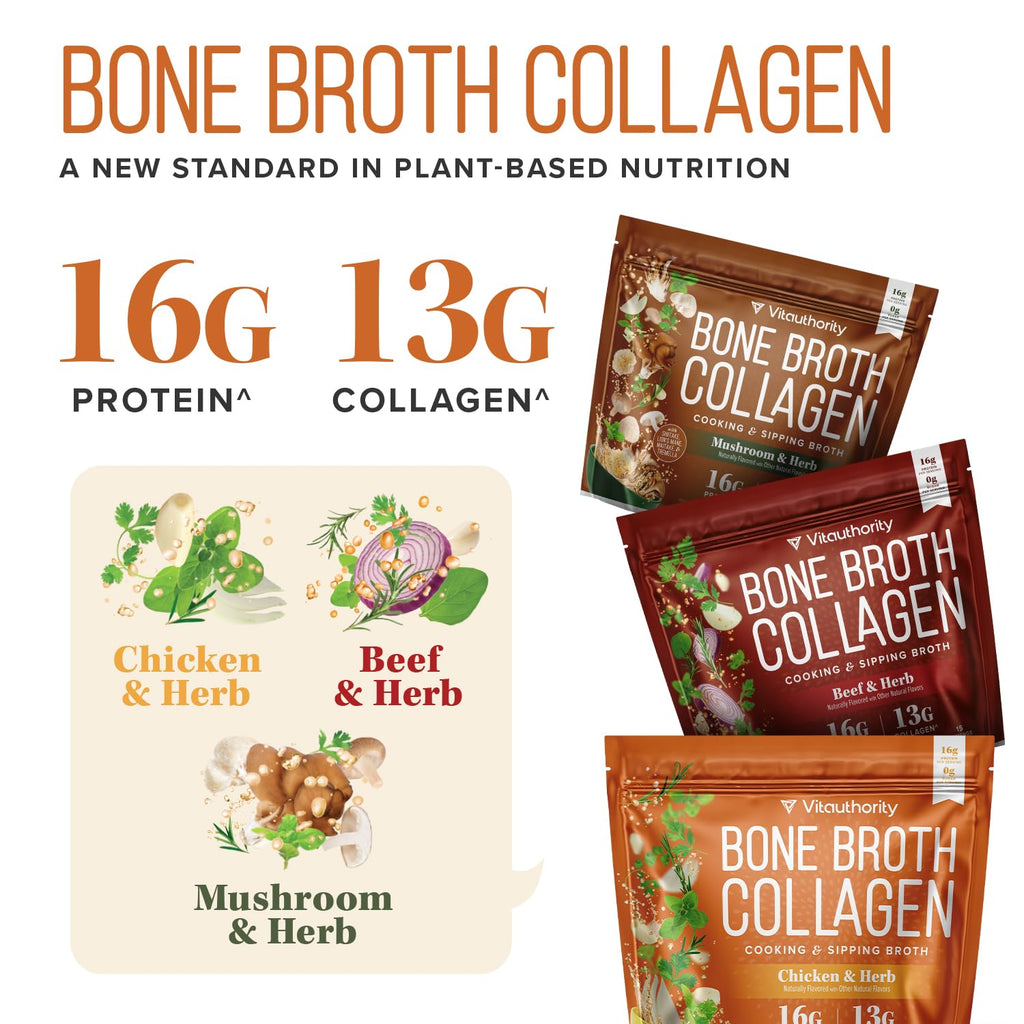 Vitauthority Bone Broth Collagen Delicious Chicken Noodle Flavored - Packed with 16g of Protein & Types I, II, III - Nourishes Skin, Hair, Nails, Joints, & Gut - Beef BoneBroth