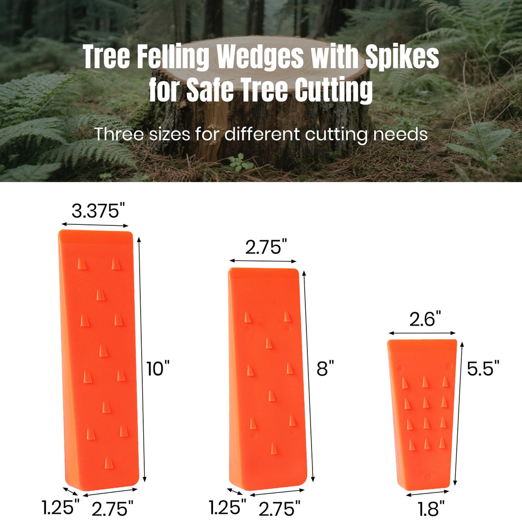 6 Pack Tree Felling Wedges with Spikes for Safe Tree Cutting – 2 Each of 10", 8” and 5.5” Wedges with Storage Bag; 6 Felling Dogs to Guide Trees Stabilize and Safely to Ground for Loggers and Fallers