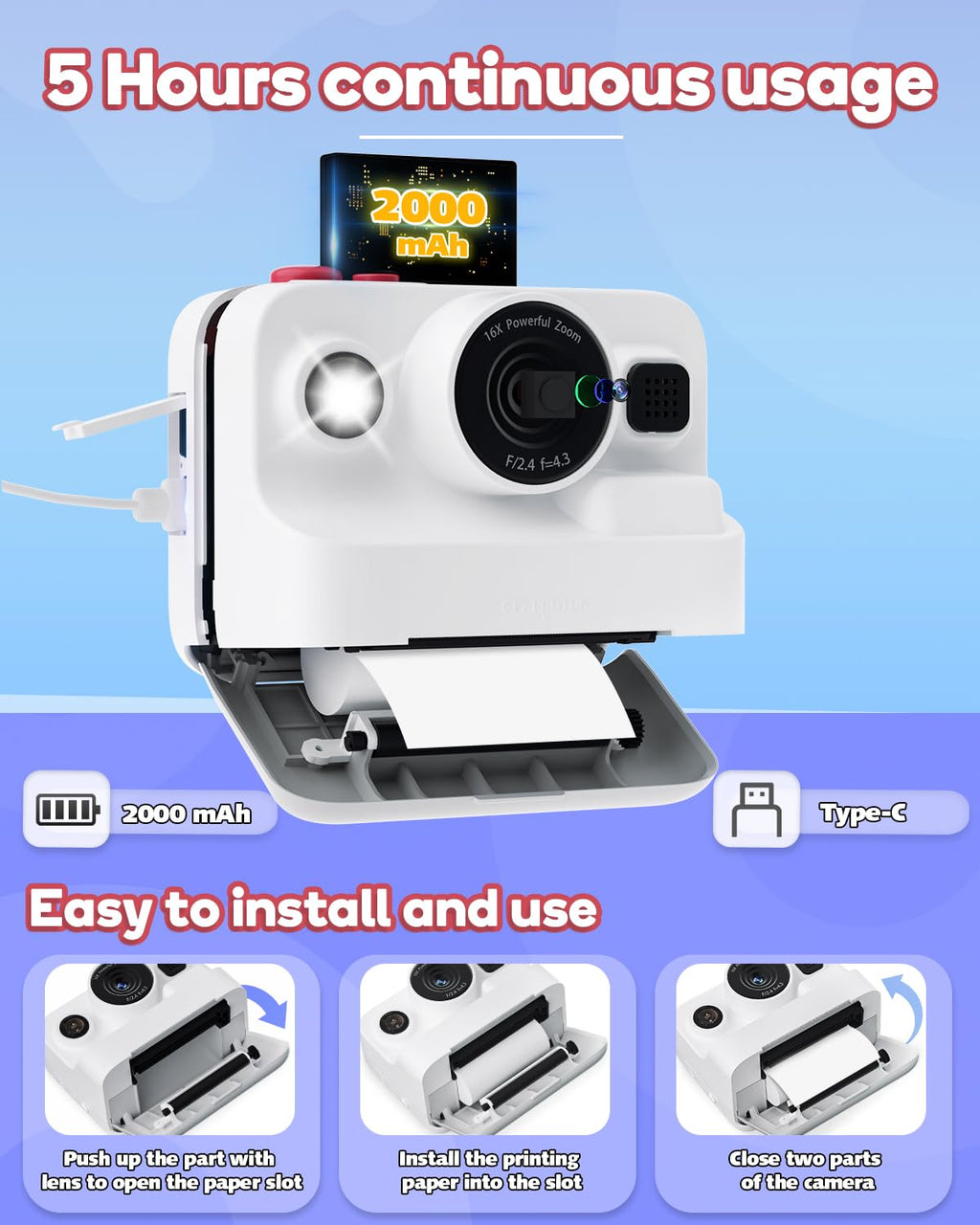 Dylanto Instant Print Camera for Kids,2.4 Inch Screen Kids Instant Cameras, Christmas Birthday Gifts for Girls Age 3-12, Portable Toddler Toy for 3 4 5 6 7 8 9 10 Year Old Girls Boys White