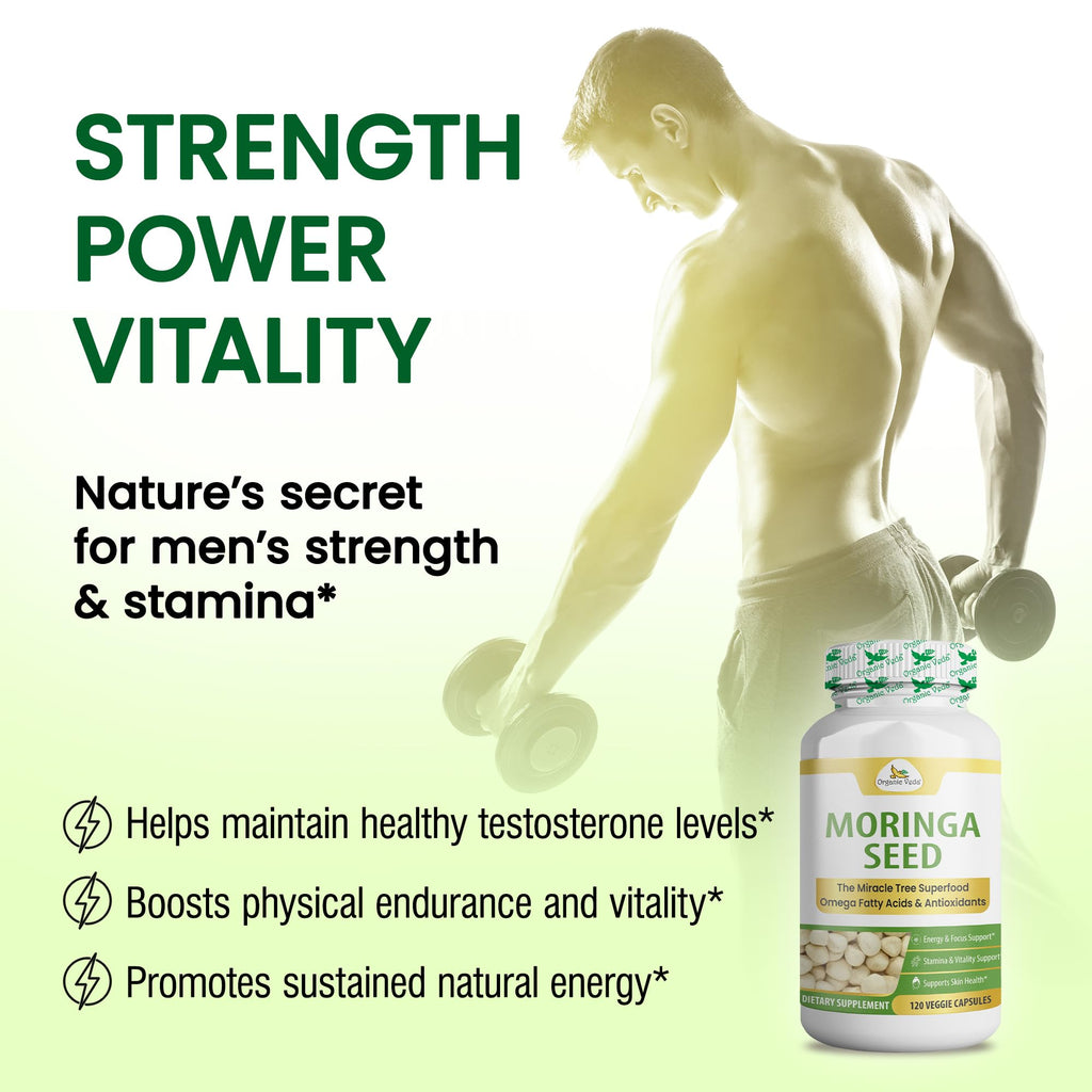 Organic Veda Moringa Seeds Capsules - Omega 3, 6, 9, Powerful Antioxidants, Vitamins, Amino Protein Rich Organic Moringa Seeds for Eating - Moringa Seed Powder Energy & Vitality, 120 Vegan Capsule