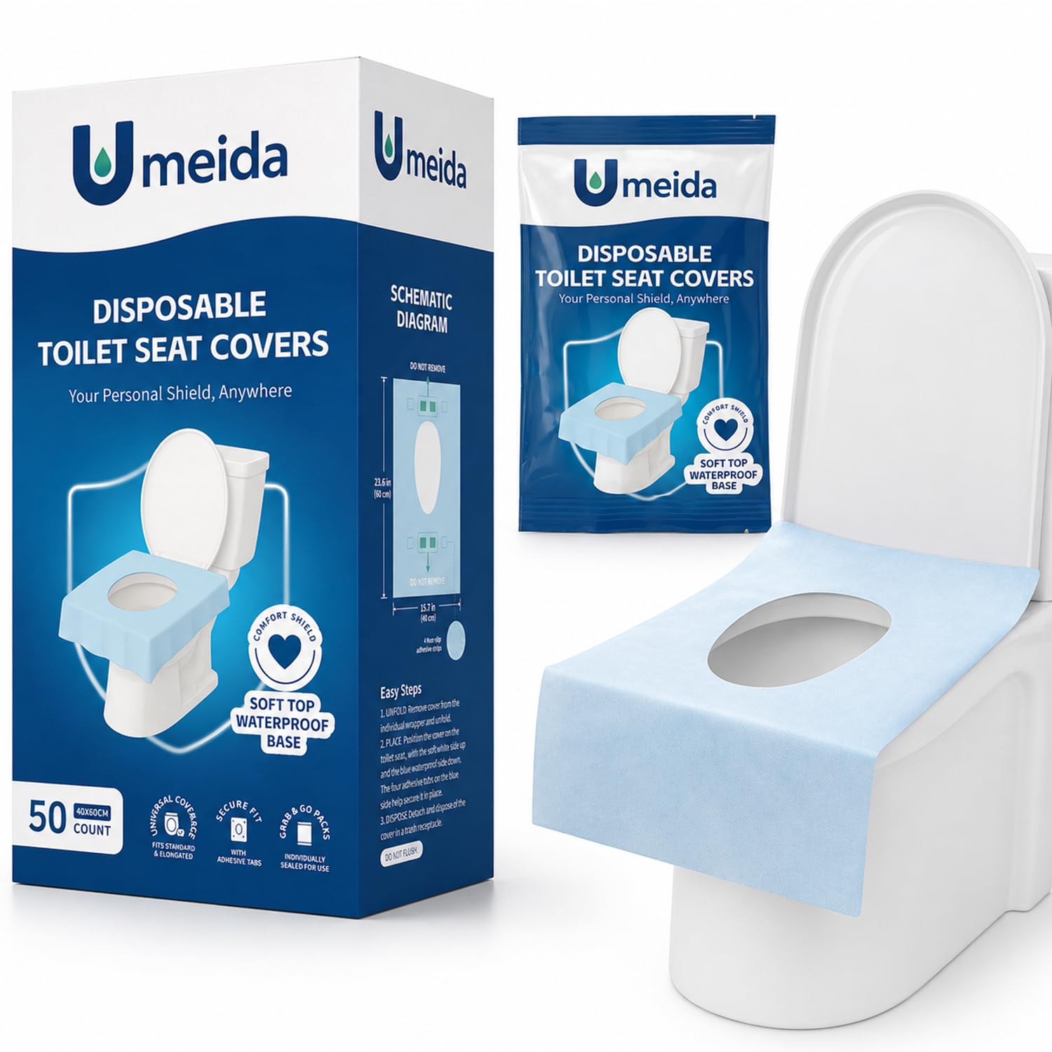 Umeida 50 Count Disposable Toilet Seat Covers, XL Waterproof Travel Pack, Center Strip Stays Attached, Adhesive Tabs, Individually Wrapped for Public Restrooms, Airplane, Kids and Adults