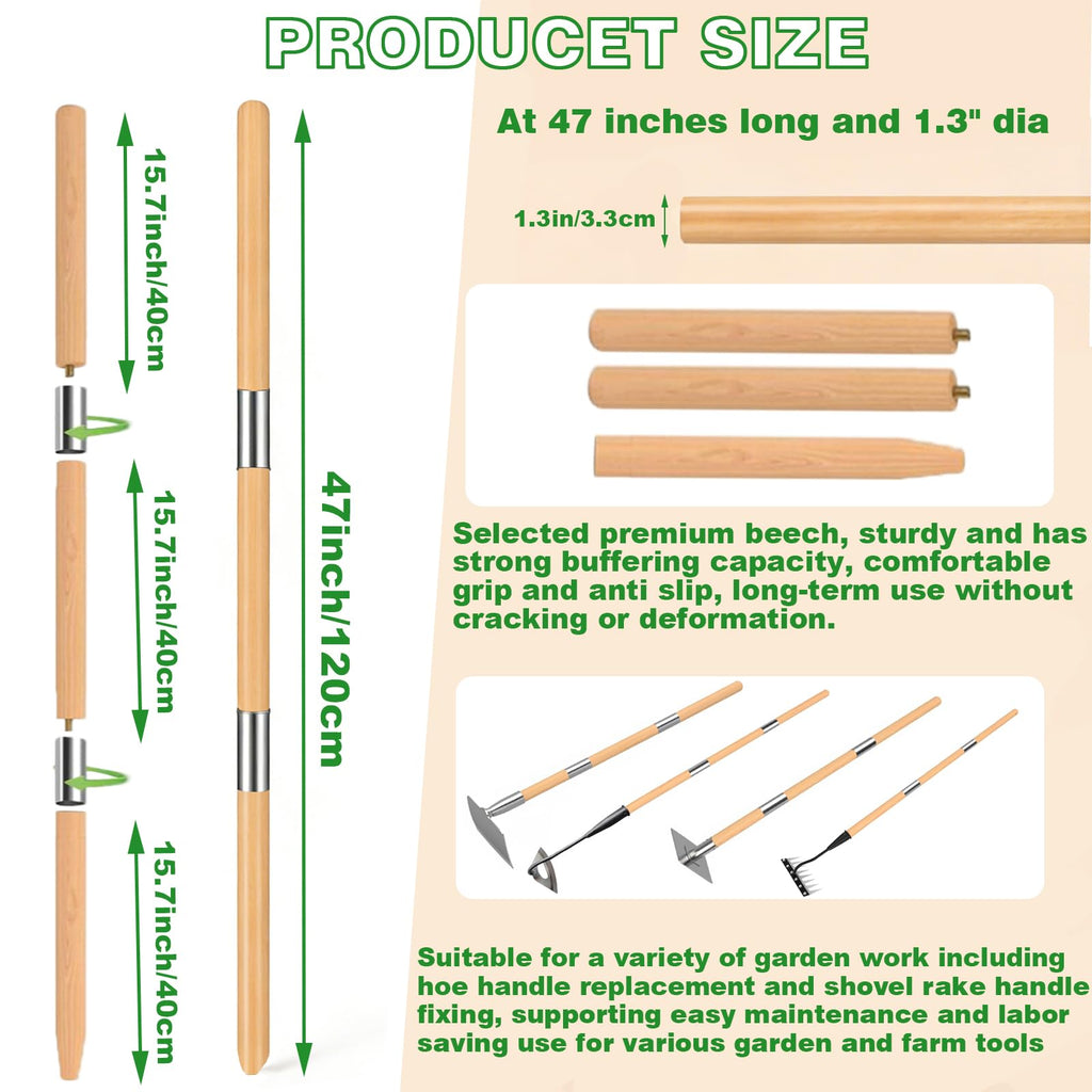 BuerKeo Wooden Hoe Handle Replacement, 47 Inch Length Wooden Pole & Rake Garden Tool Replacement Handle, 1.3 Inch Diameter Long Tapered Handles for Hollow Hoe Fork Shovels Tamper Gardening Tools