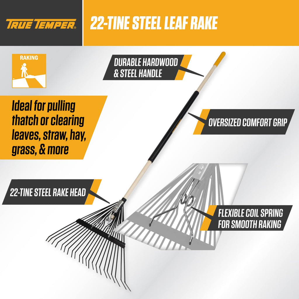True Temper Steel Tine Leaf Rake with Hardwood/Steel Handle for Lawns, Gardening, and Dethatching, 22 Tines, Black