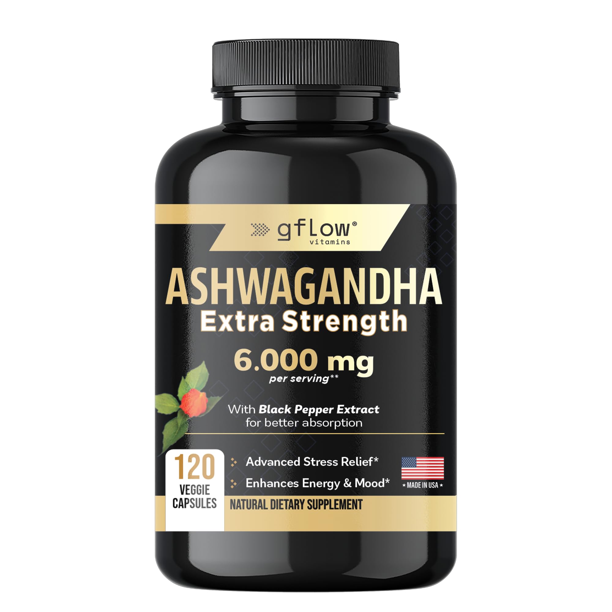 gflow vitamins Ashwagandha Supplements for Women and Men 6000mg | Sleep, Mood and Energy Support | Extra Strength, Vegan Friendly, Non-GMO, Made in USA