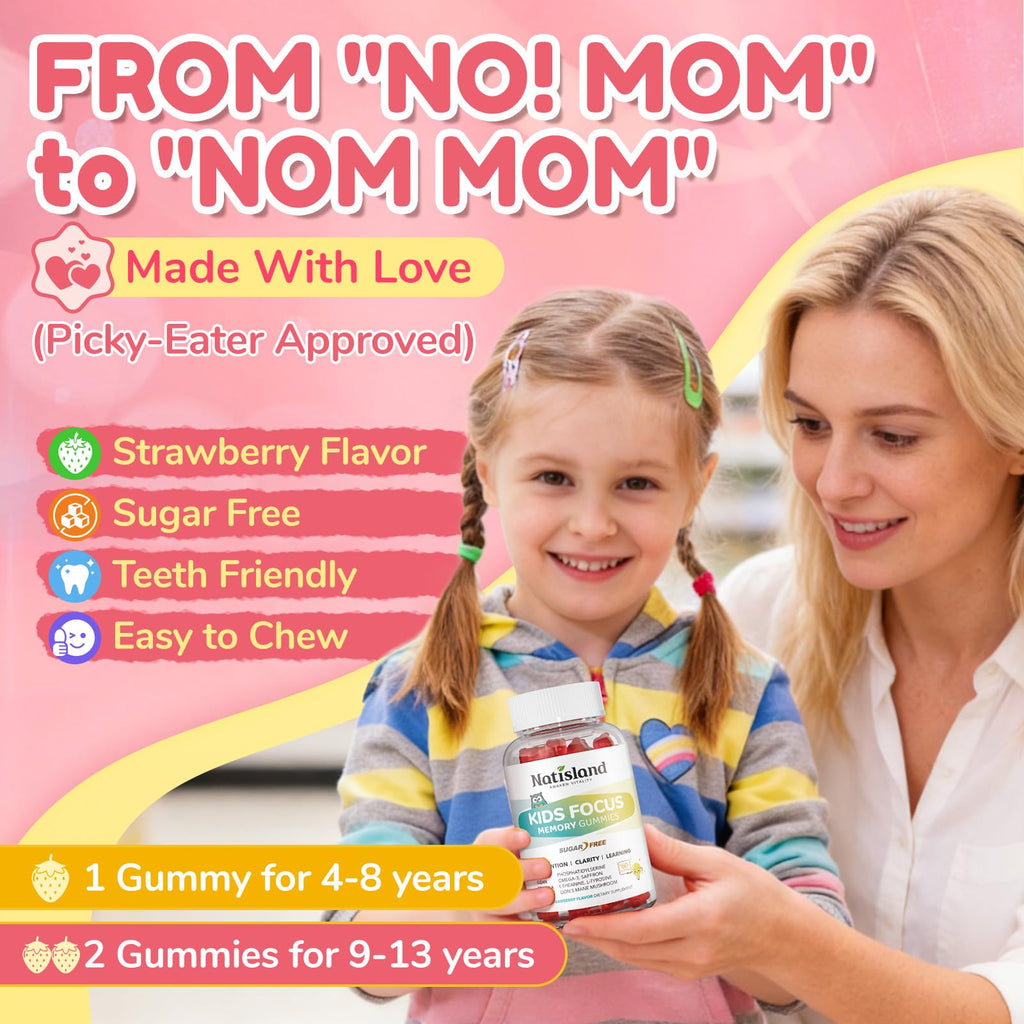 NATISLAND Focus Gummies for Kids, Brain Supplements with Phosphatidylserine, Omega-3 & Saffron, for Kids Memory, Focus & Attention Support, Sugar Free, Vegan, Strawberry Flavor, 60 Chewable