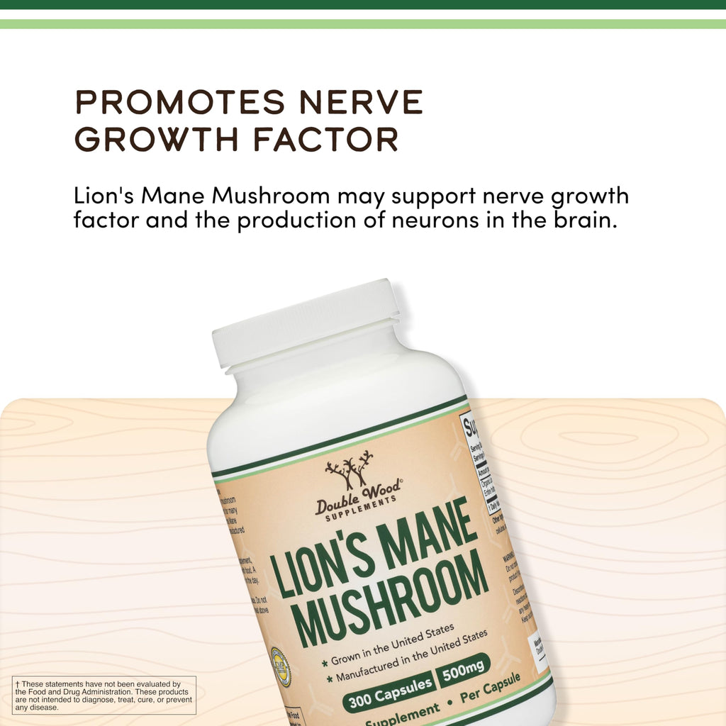 Organic Lions Mane Mushroom Capsules (300 Count), for Focus Support and Immune Health, Third Party Tested and Grown in The USA - by Double Wood