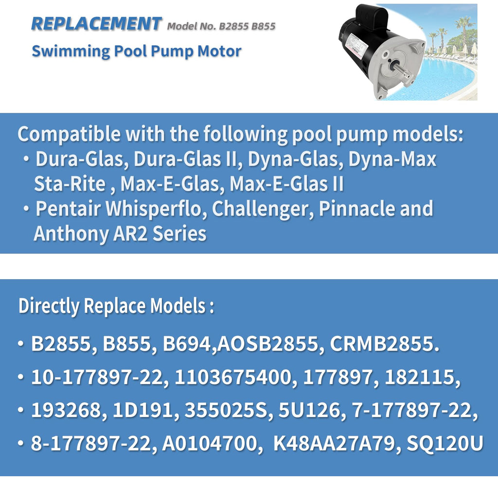 B2855 2HP Pool Pump Motor Replaces Century/AO Smith Regal Beloit B855 Swimming Pool Pump Motors, 230V, 10A, 3450RPM 1.5KW 56Y Frame 1.1 SF Include Replace Parts, Single Phase Square Flange Leungoo