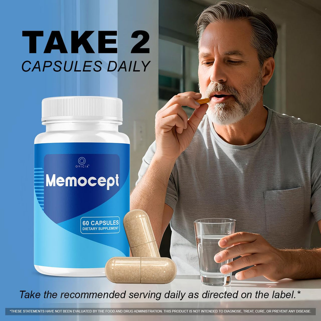 Memocept - Official Memocept Pills Advanced Formula with All Natural Ingredients, Daily Premium Capsules Brain Memory for Wellness & Overall Health Support, 60 Capsules for 1 Month