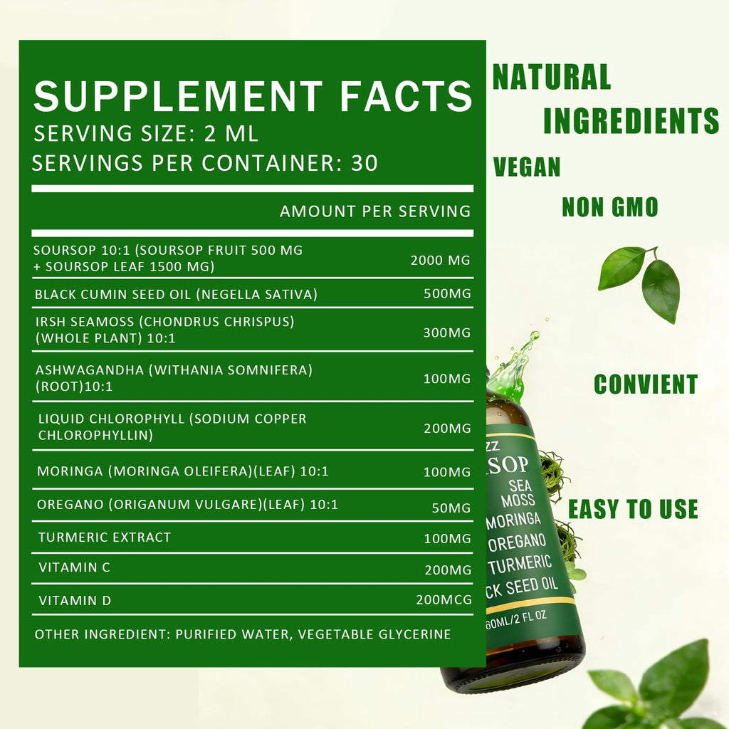 Qizfyzz Soursop Bitters Liquid Drops, Liquid Drops Soursop Bitters 10 in 1 with Sea Moss, Moringa, Turmeric, Black Seed Oil, Oregano, Ashwagandha, Herbal Extracts for Overall Health (1pc)