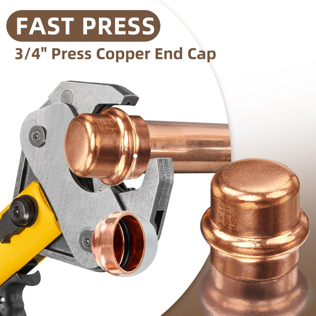 Copper Press Fittings 3/4" Copper Press Cap, Zero Lead 3/4" Cooper Press End Cap Press Fittings Copper Pipe End Cap for Plumbing, OD 7/8”, Use with Hydraulic Press Fitting Tool, 12PCS