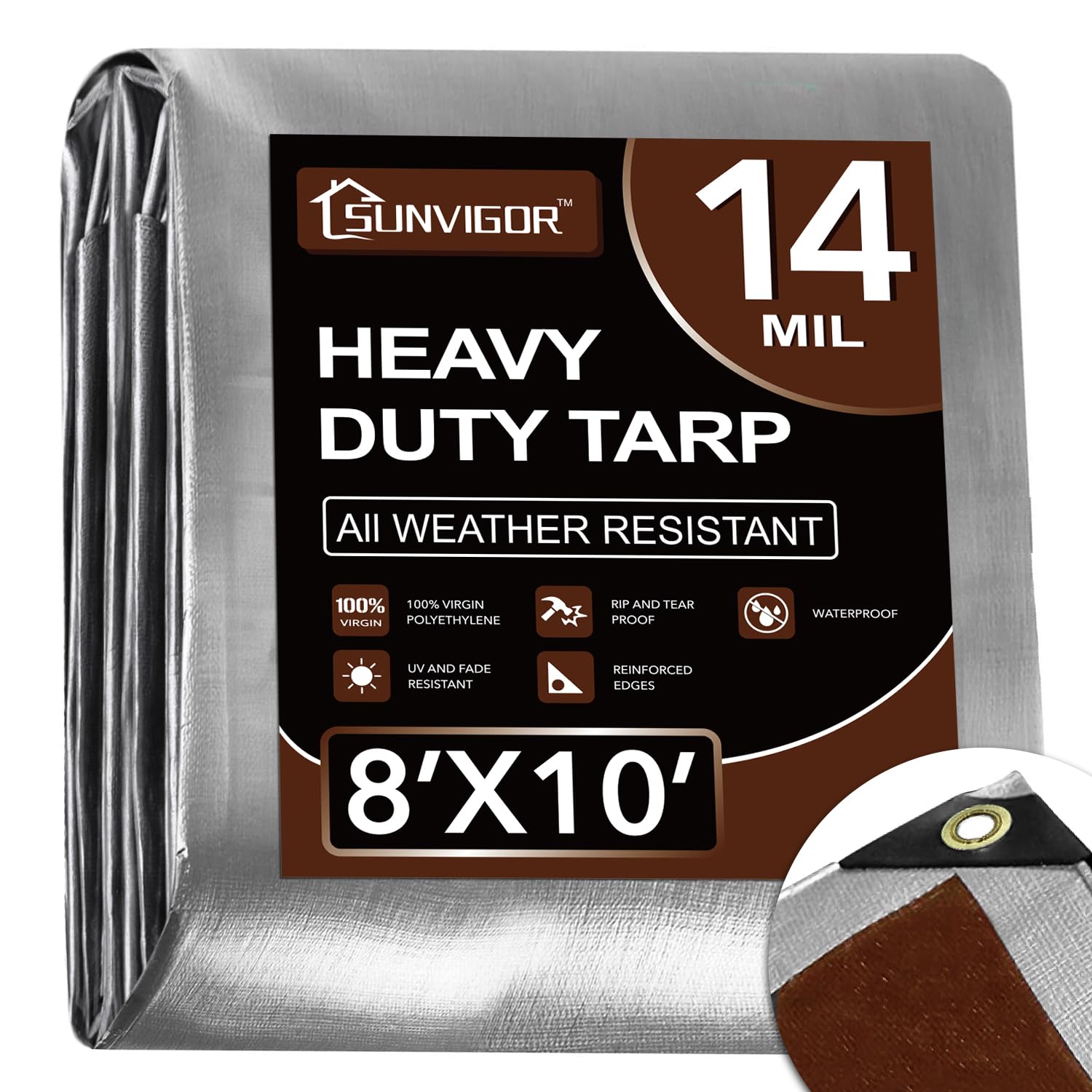 Sunvigor Tarp Waterproof 8x10Ft, Heavy Duty Tarp Cover Extra Thick 14 Mil Tear and UV Resistant, Outdoor Tarps with Grommets and Reinforced Edges for Roof, Camping, Patio, Pool, Boat (Silver/Brown)