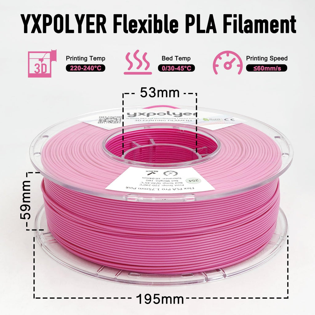 YXPOLYER Flexible PLA Food-Grade 92A Soft PLA 3D Printer Filament 1.75mm 1KG for Printing Dog Chew Toys and Highly Elastic Bouncy Airless Basketball Pet Ball, Pink