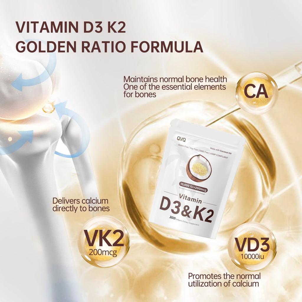 QVQ 300 Pcs 2 in 1 Vitamin D3 10000 iu Plus K2 (MK-7) 200 mcg Virgin Coconut Oil Softgels with Vitamins D & K Supports Calcium Absorption, Bone, Immune, & Heart Health – Easy to Swallow