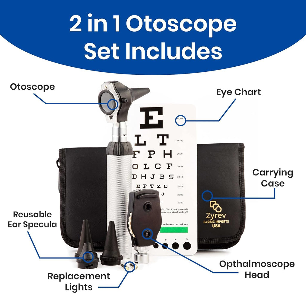 Zyrev 2 in 1 Otoscope Oph Set - Perfect for Nursing & Medical Students with Carry Case, Sight Chart & Replacement Ear Speculums