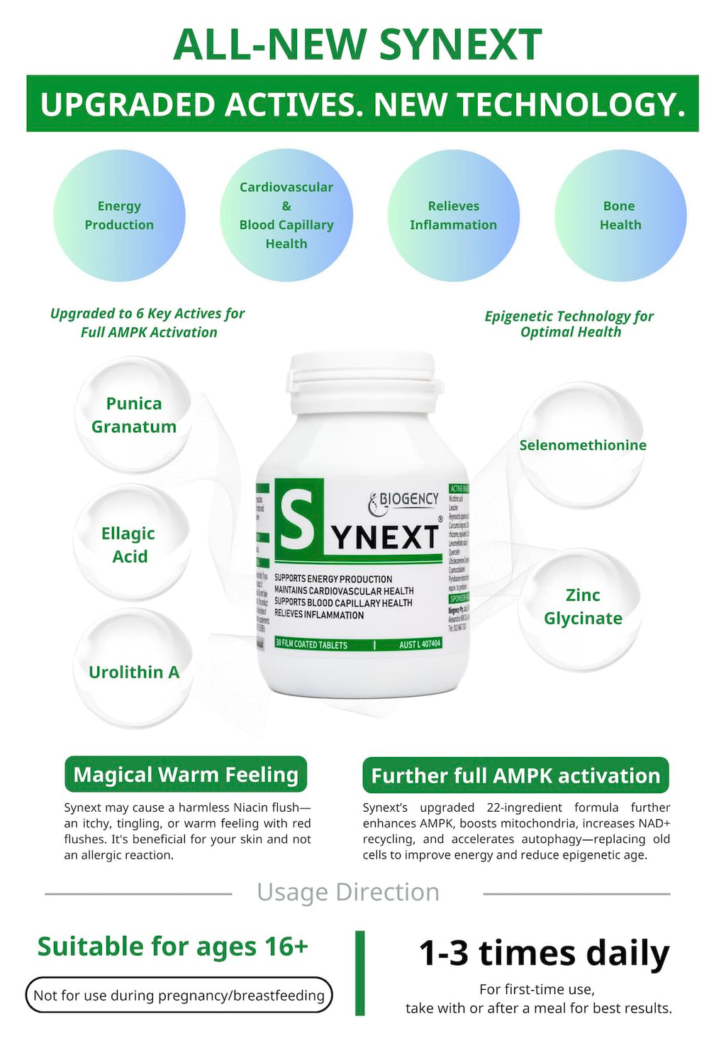 Biogency Synext NAD+ Supplement 30 Tabs Supports Energy Made in Australia