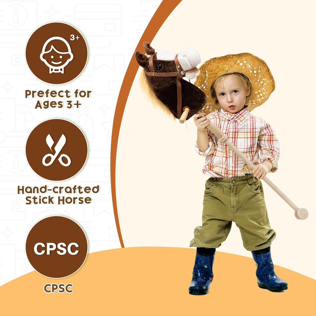 HollyHOME Stick Horse Plush Handcrafted Hobby Horse on a Stick with Wood Wheels Real Pony Neighing and Galloping Sounds for Kids Toddlers Chocolate 36 Inches(AA Batteries Required)