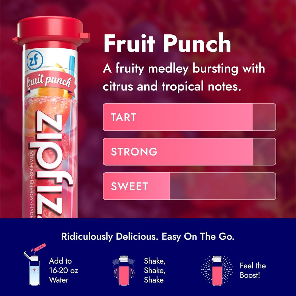 Zipfizz Energy Drink Powder, 20 Pack Electrolyte Mix with B12 - Fruit Punch