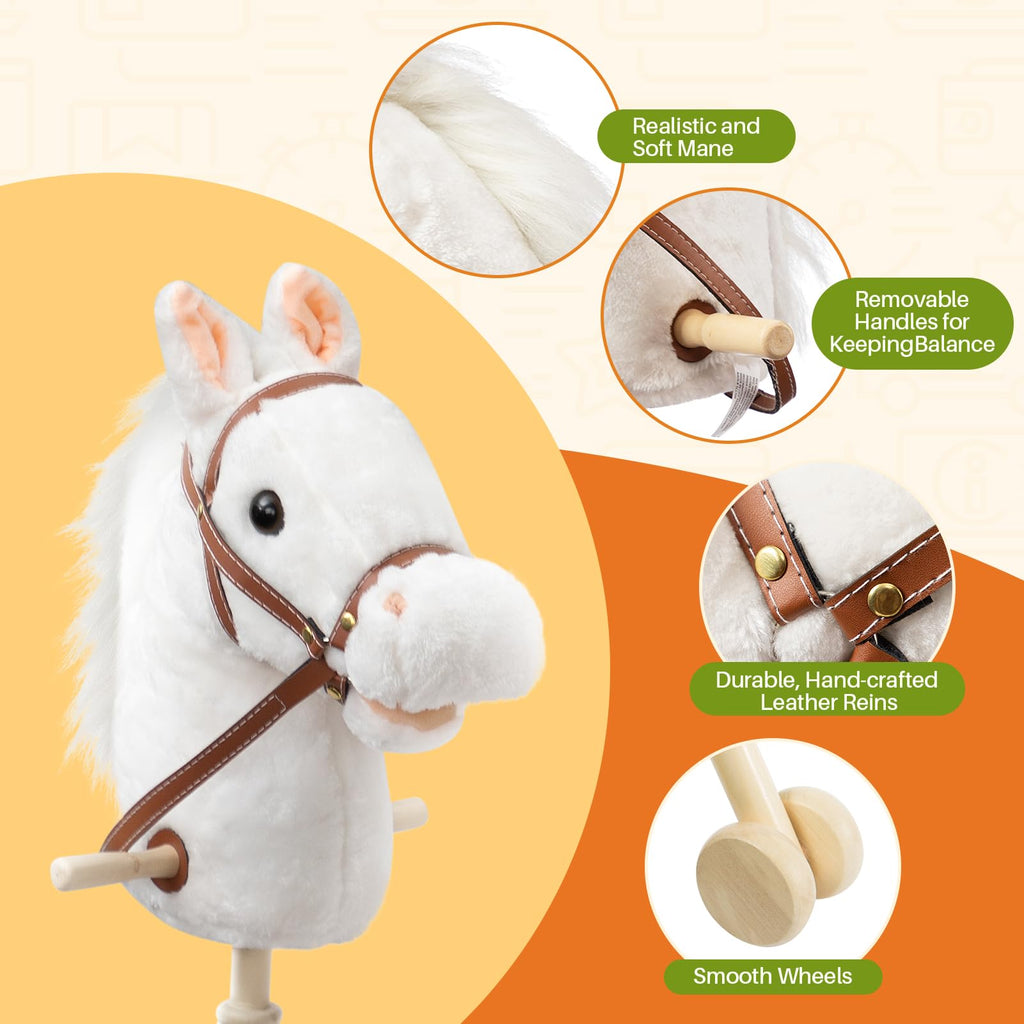 HollyHOME Stick Horse Plush Handcrafted Hobby Horse on a Stick with Wood Wheels Real Pony Neighing and Galloping Sounds for Kids Toddlers White 36 Inches(AA Batteries Required)