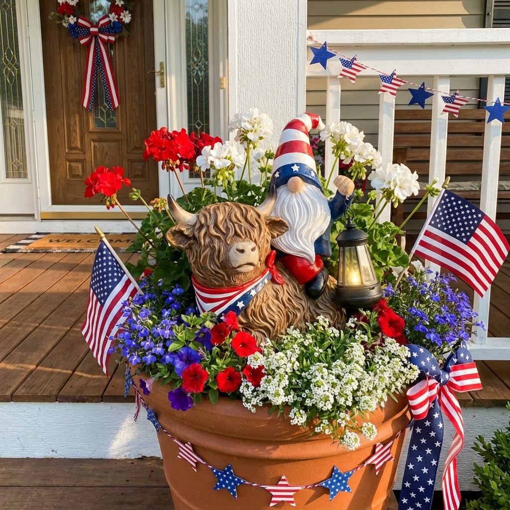 TERESA'S COLLECTIONS 4th of July Highland Cow Gnome Decorations with Solar Lantern, Memorial Day Resin Garden Yak Figurine for Home, Patriotic Independence Day USA 250th Anniversary Outdoor Decor 10"