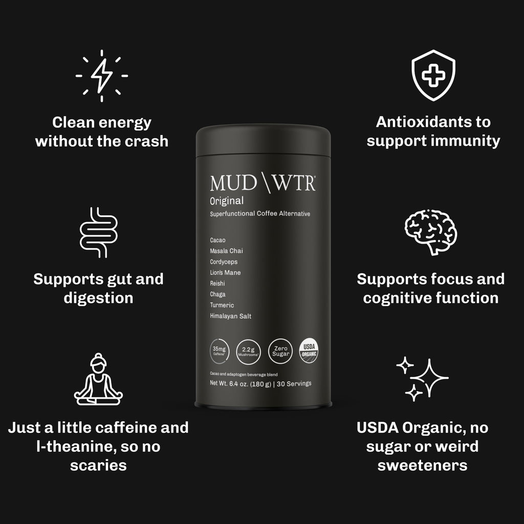 MUDWTR Original Mushroom Coffee Alternative | 2,240mg USA Grown & Adaptogenic Mushrooms | USDA Organic | Lion's Mane, Cordyceps, Chaga & Reishi | Energy, Focus & Immunity Support | 30 Servings