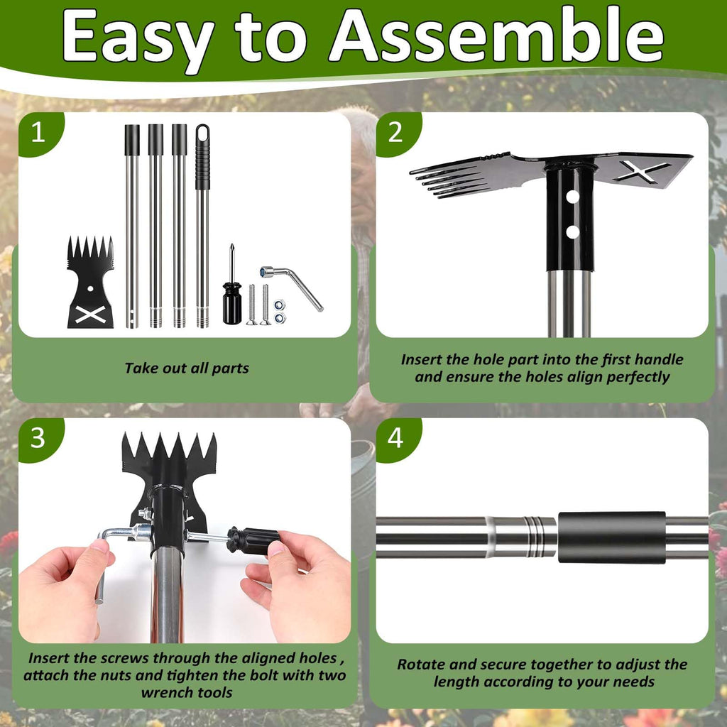 Weed Puller Tool with Long Handle-Vertical Adjustable Weeder, 2-in-1 Garden Hoe and Weeding Rake Combination, Weeding Tool for Garden, Lawn, Farm and Courtyard