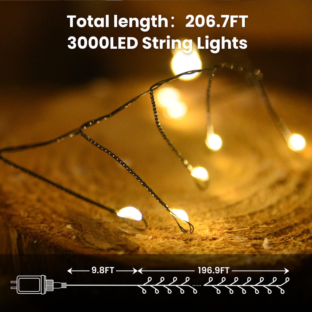 Dailyart Fairy Lights Plug in, 3000 Led Cluster Lights with Timer 195Ft Waterproof Warm Twinkle String Light with Remote for Bedroom Wreath Garland Window Wedding Christmas Tree Decoration,Black Wire