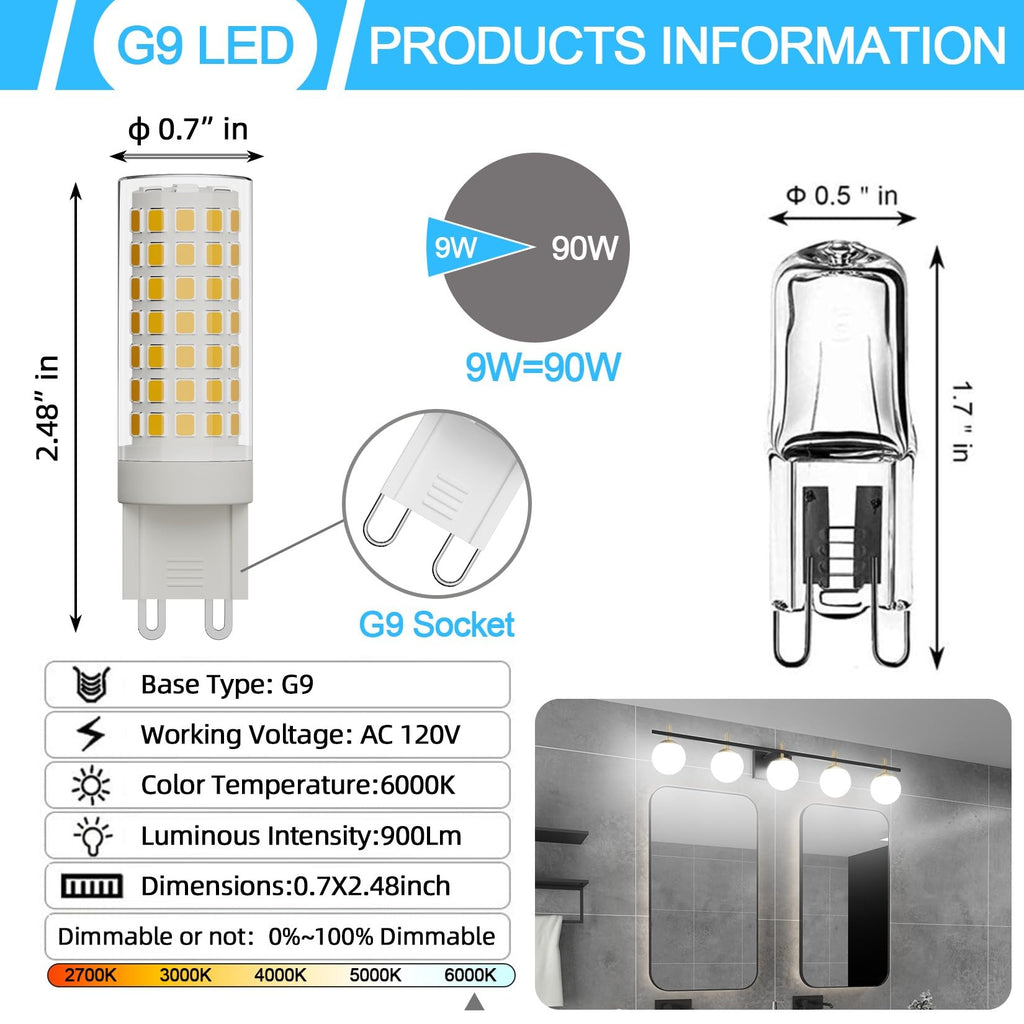 Ralbay 6-Pack Dimmable G9 LED Bulbs 9W 6000K White Light, 900LM Ultra Bright Creates Cozy Warm Glow, Wide Dimmer Compatible for Bedroom Living Room Lamp