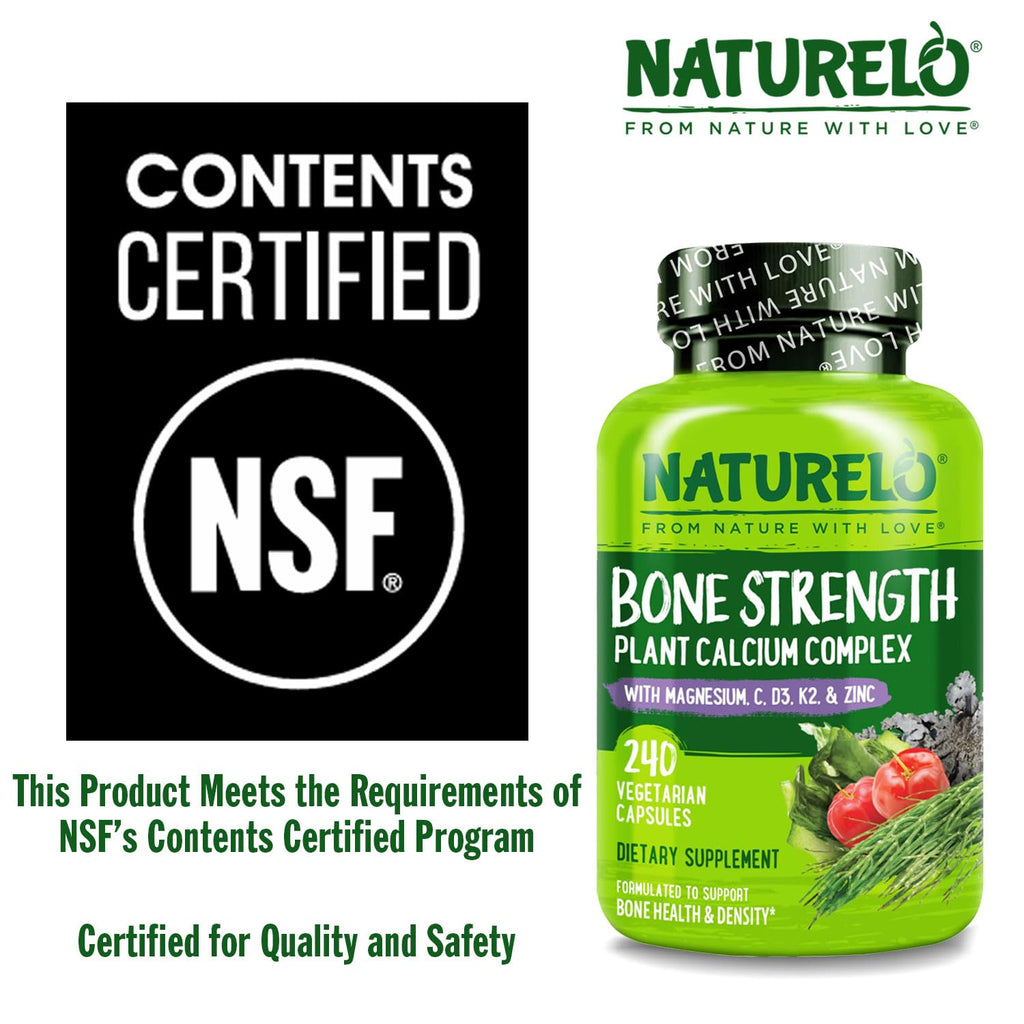 NATURELO Calcium Supplement - with Vitamin C, Vitamin D3, K2, and Calcium Magnesium Zinc for Bone Strength with Calcium 600mg - Plant-Based, 240 Vegetarian Capsules, Non-GMO, Soy & Gluten-Free
