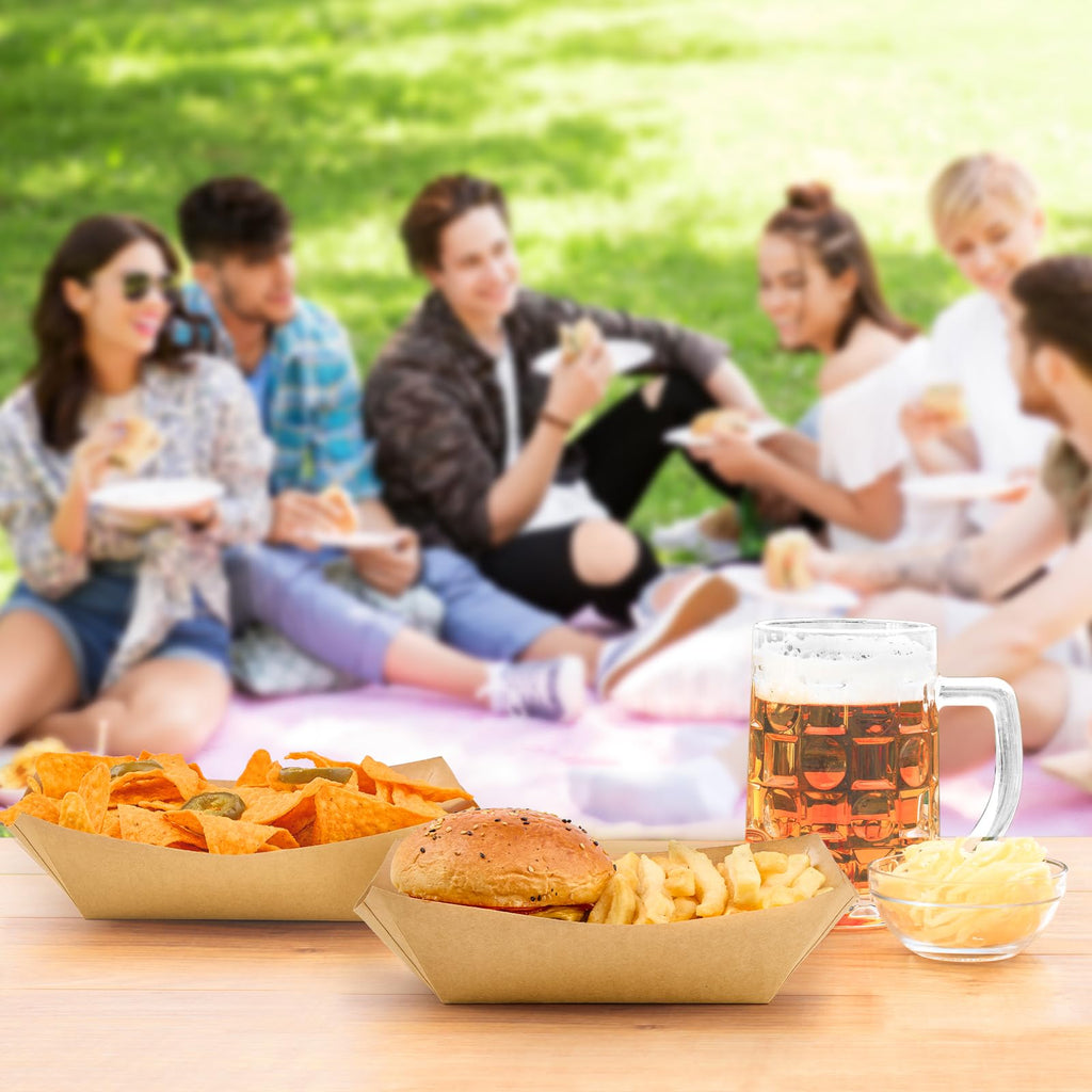 Ocmoiy 4lb Paper Food Trays, 100 Pack Disposable Nacho Trays, Heavy-Duty Kraft Paper Food Boats Holders Serving Basket Trays for Snack, BBQ Picnic Wedding Party