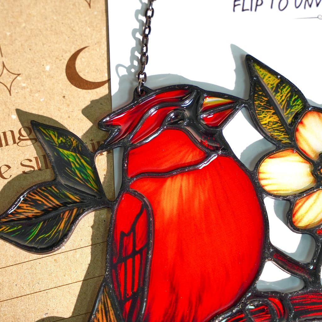 GIKZO Cardinal Resin Suncatcher Size 6 Inches, Boho Stained Glass Effect Memorial Window Hanging Garden Decor, Gift for Mother's Day Mom Grandma Wife Women