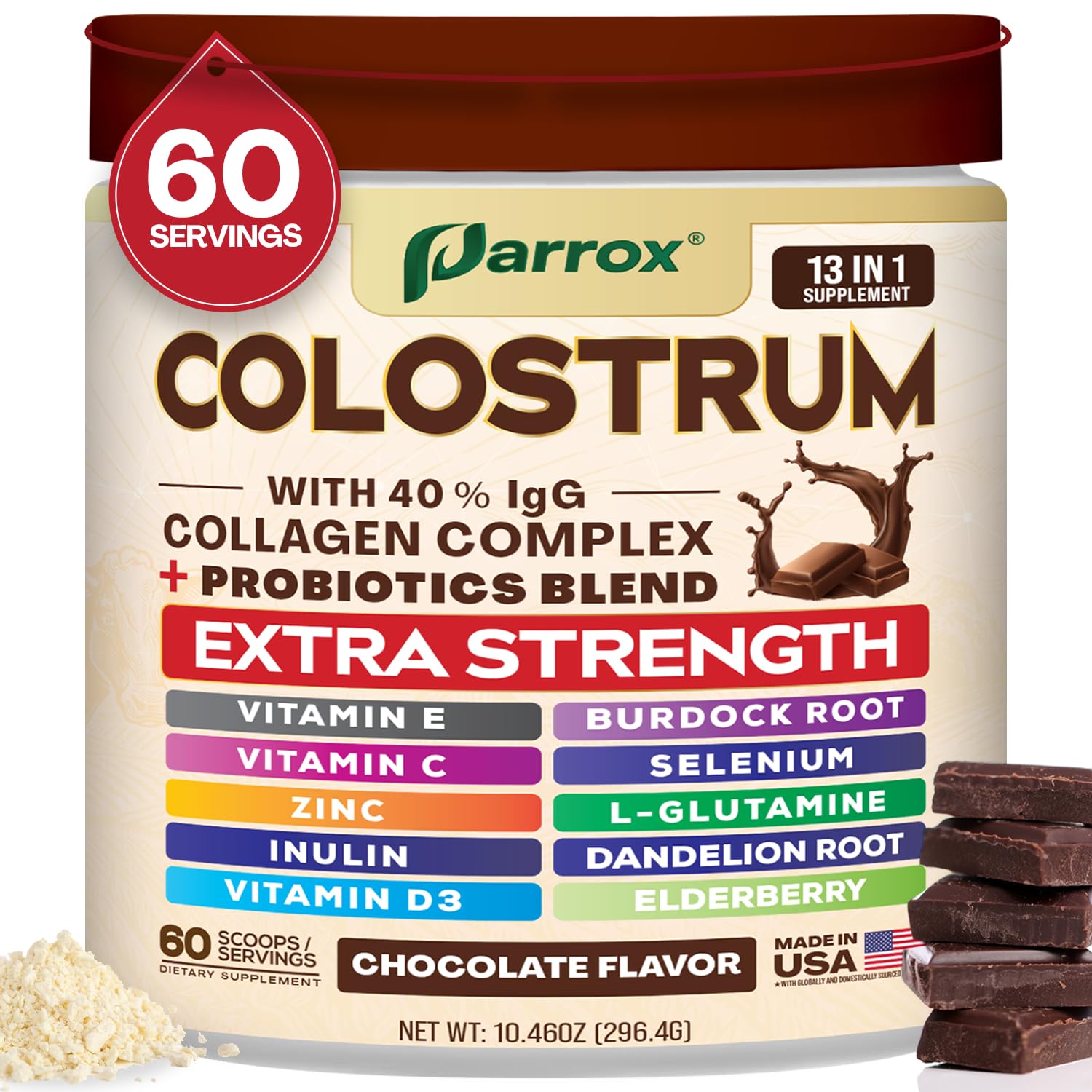 Colostrum Powder 40% IgG with Collagen, Probiotics, Chocolate, 60 Servings