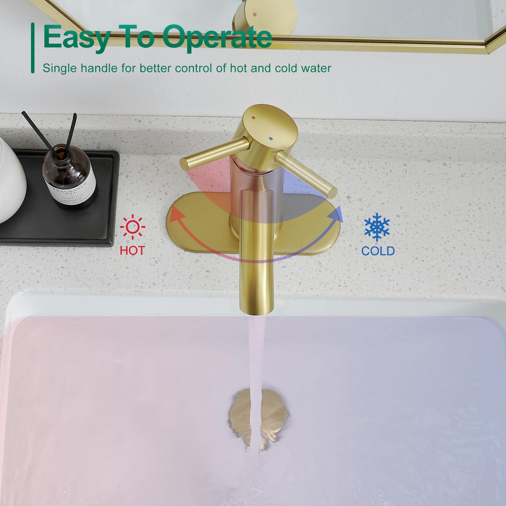 Brushed Gold Bathroom Faucets, Modern Single Hole Lavatory Vanity Faucet, Single Handle Bathroom Sink,Faucet, Faucet for Bathroom Sink with Deck Plate and Supply Hoses