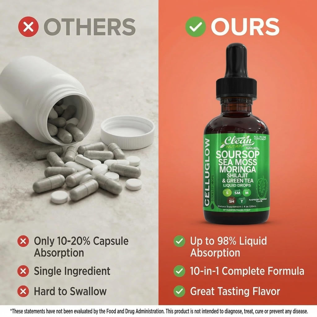 Clean Nutra Soursop Liquid Drops Sea Moss Moringa Shilajit Green Tea Vitamin D Vitamin C Garlic Supplements Grape Seed Lycopene Turmeric Root 4 Oz Immune Support & Cellular Health by Clean Nutra