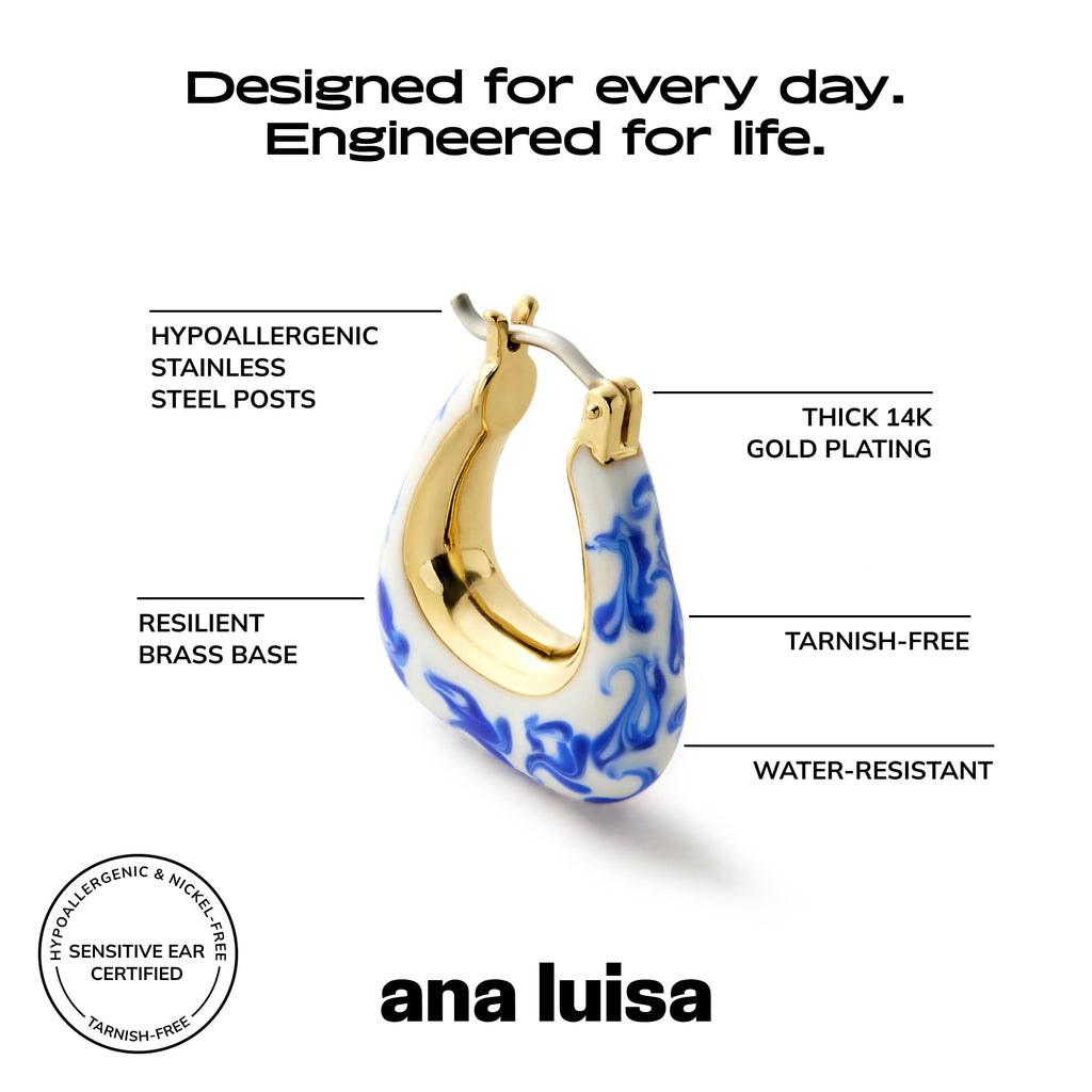 Ana Luisa Sphere Hoop Earring Dakota Styles Womens Earrings - Trendy 14K Gold Plated, Silver Rhodium Plated w/Blue Marble - Mini Huggie Hoop Earrings for Women Hypoallergenic & Tarnish-Free
